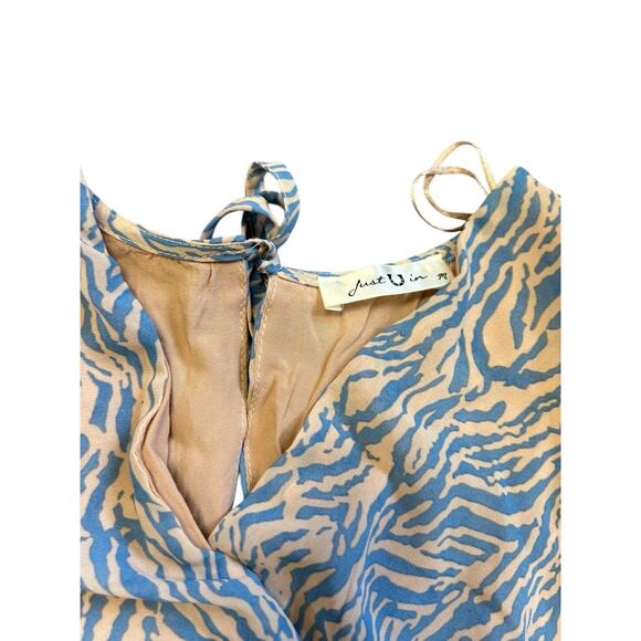 Just U In Blue Zebra Print Romper Medium Long Sleeve Smocked Waist Boho Festival - Picture 9 of 10